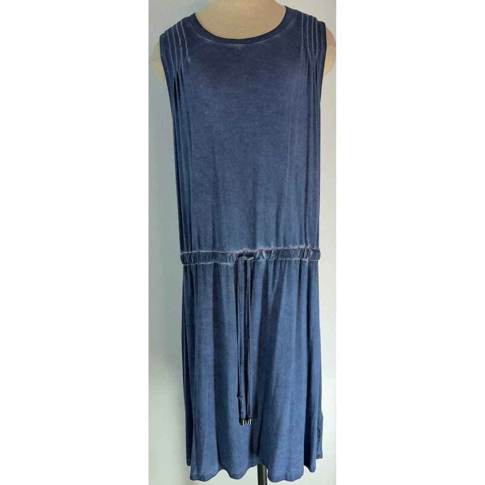 Cable & Gauge Distressed Denim Blue Midi Dress Drawstring Elastic Waist NWT Boho